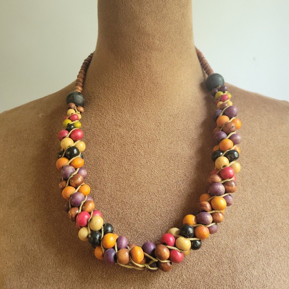 Jewelry - Vintage‎ Multi Color Braided Wood Bead Chunky Statement Necklace 20 In Eclectic